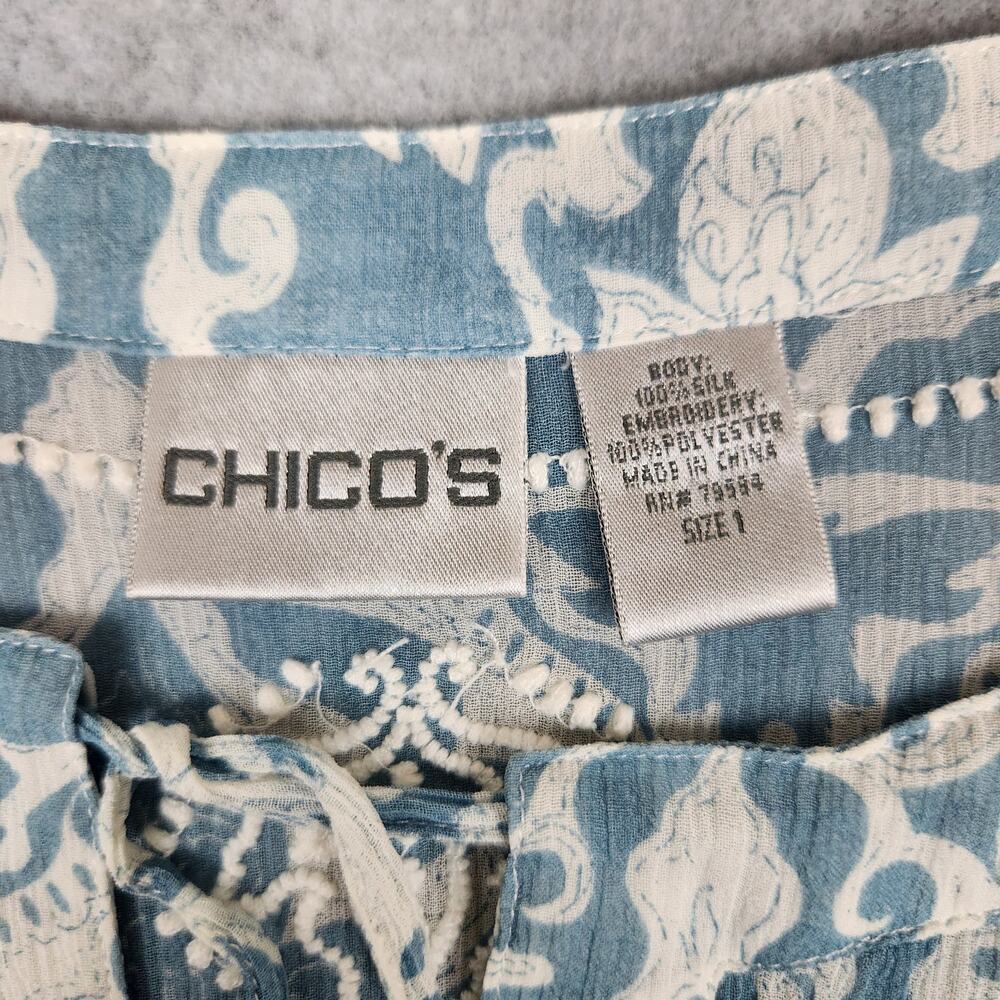 🌼Chico's Blouse Womens Size 1 US M/8 Blue White Silk Embroidery Trim Sheer - Picture 7 of 11